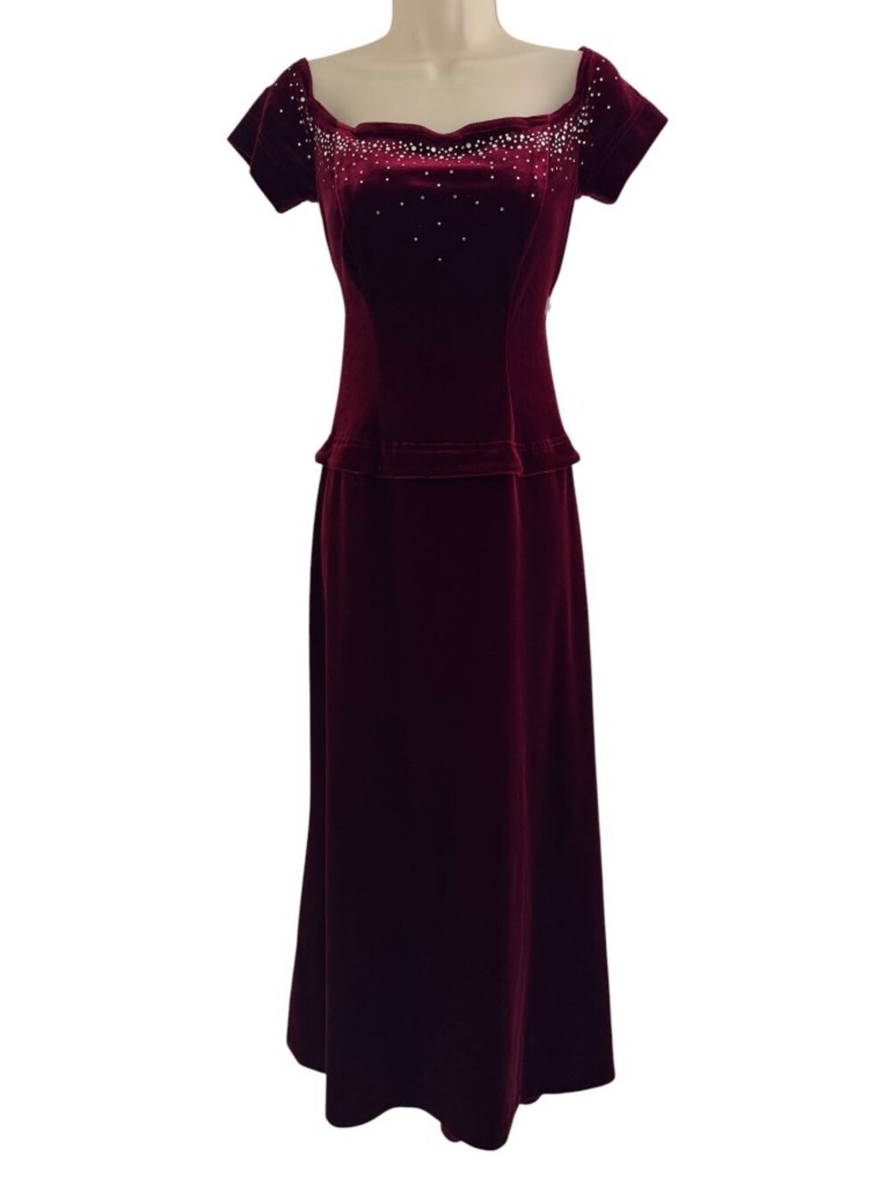 Red Wine Velvet‎ Velour Embellished Crystals Long Hi-Low Gown Maxi Dress Size M
